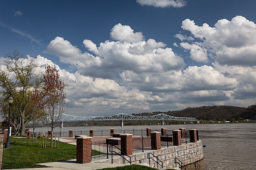 A view from Madison, Indiana bank of Ohio river towards Milton, Kentucky bridge.