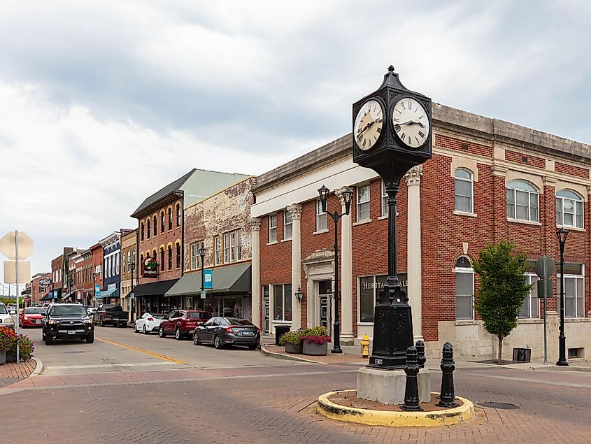 Old historic buildings on Main Street, Cape Girardeau, Missouri, USA.