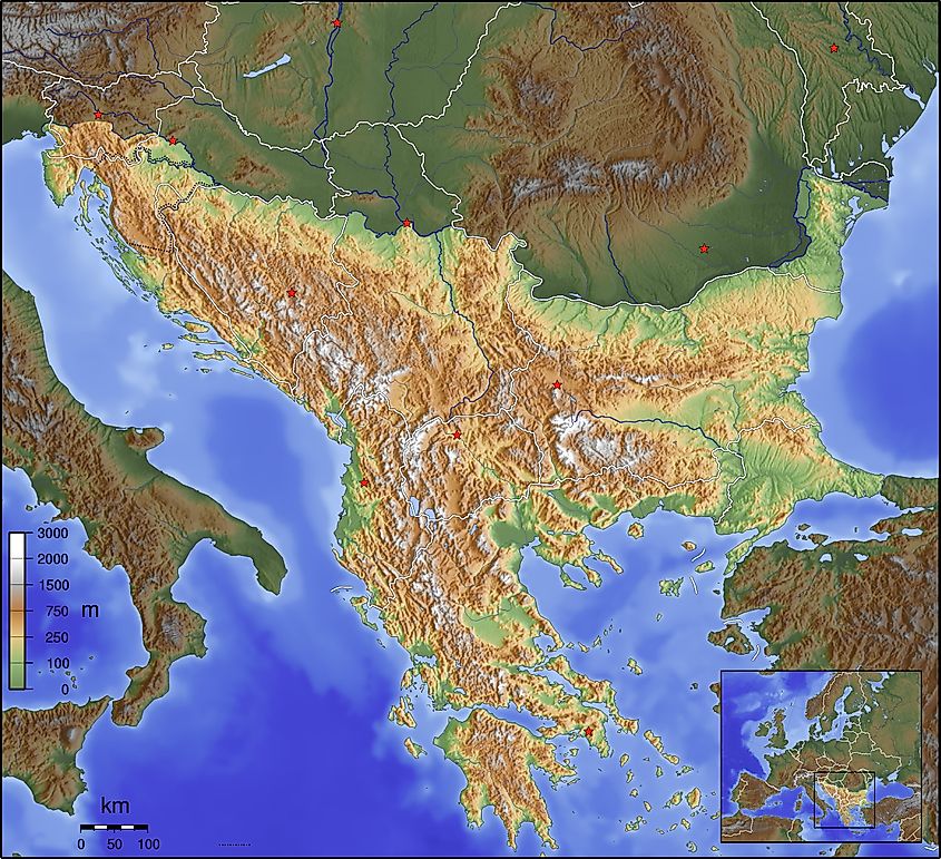 Topographic map of the Balkan Peninsula.