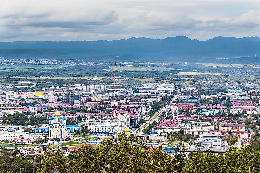 Aerial view of Yuzhno-Sakhalinsk city.