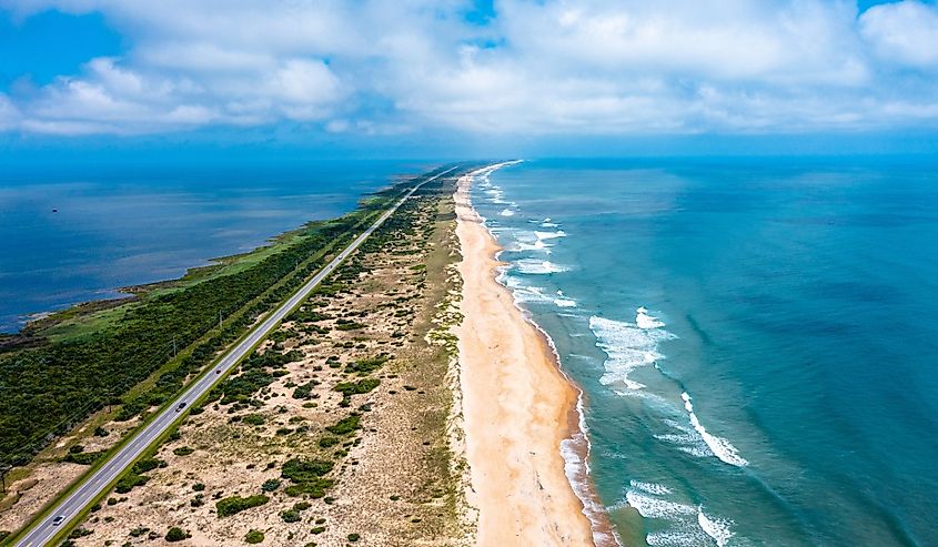 Aerial view of Hatteras Island looking North with route 12 in North Carolina