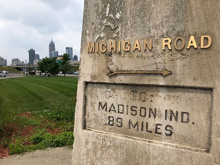 an obelisk monument located at the historic intersection of the Michigan and National roads in Indianapolis, Indiana, US.