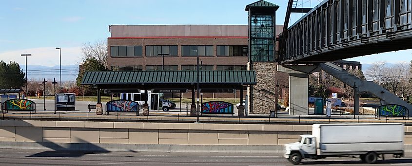 A panorama of the Orchard RTD station (located in Greenwood Village).