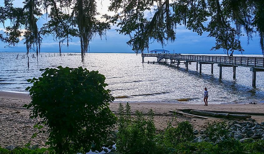 Mobile Bay beach at MayDay Park Pier in Daphne, Alabama.