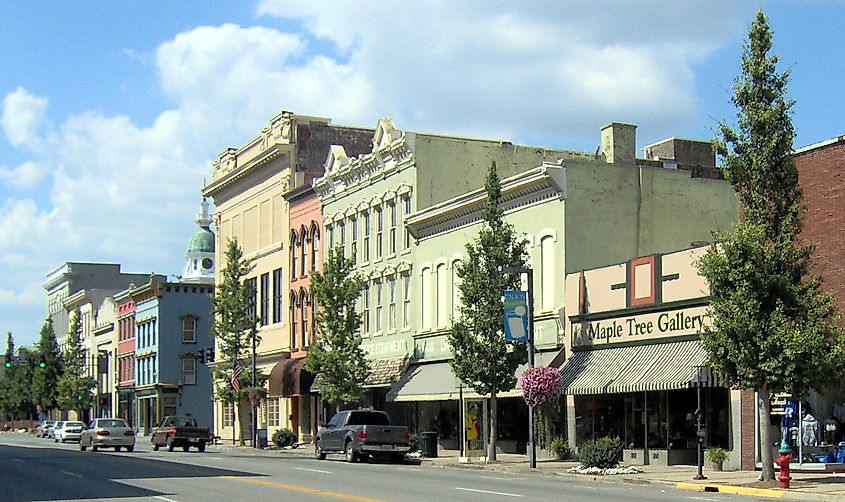 View of storefronts in the downtown area of Danville in Kentucky.