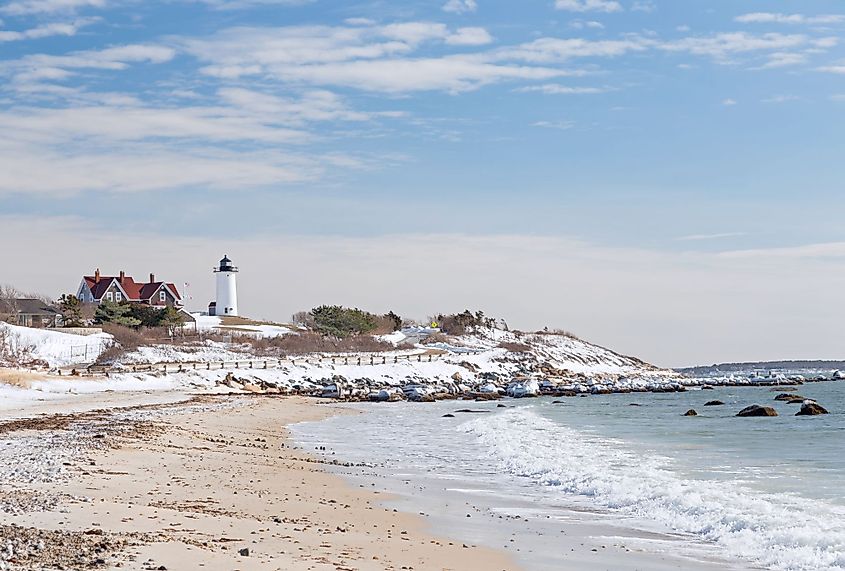 Nobska Point Lighthouse, Cape Cod in snow.