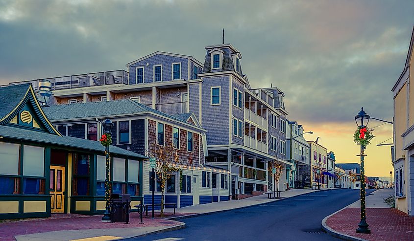 Oak Bluffs Downtown Street on Marthja’s Vineyard Holiday Decorations at sunrise in Massachusetts, United States