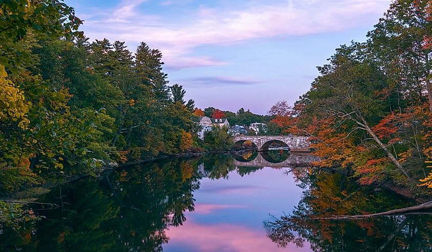 Henniker. New Hampshire. USA - October 06, 2022 - View of Contoocook River and Edna Dean Proctor Bridge