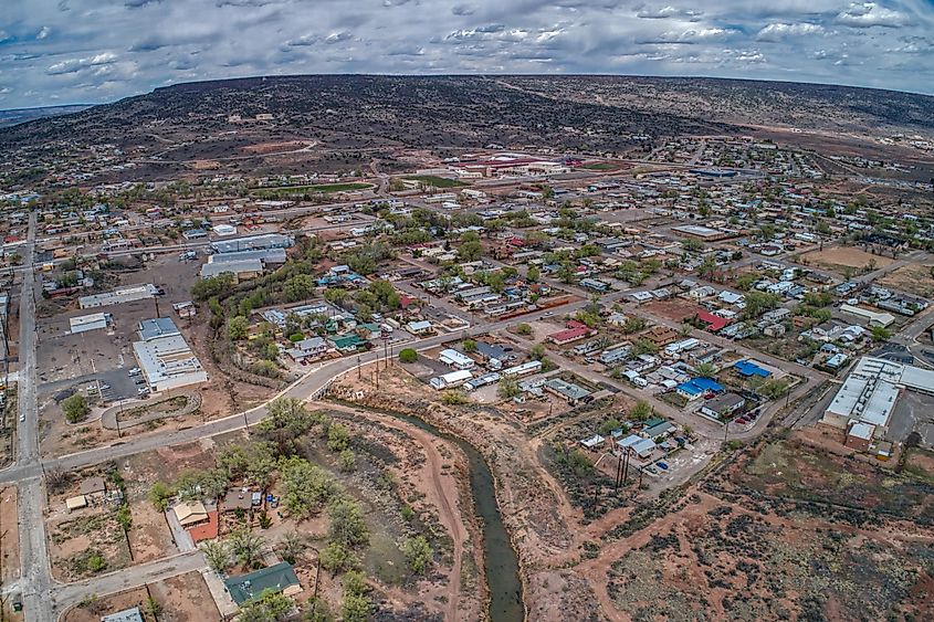 An aerial view showcasing Grants, New Mexico, at the intersection of Interstate 40 and Highway 53.