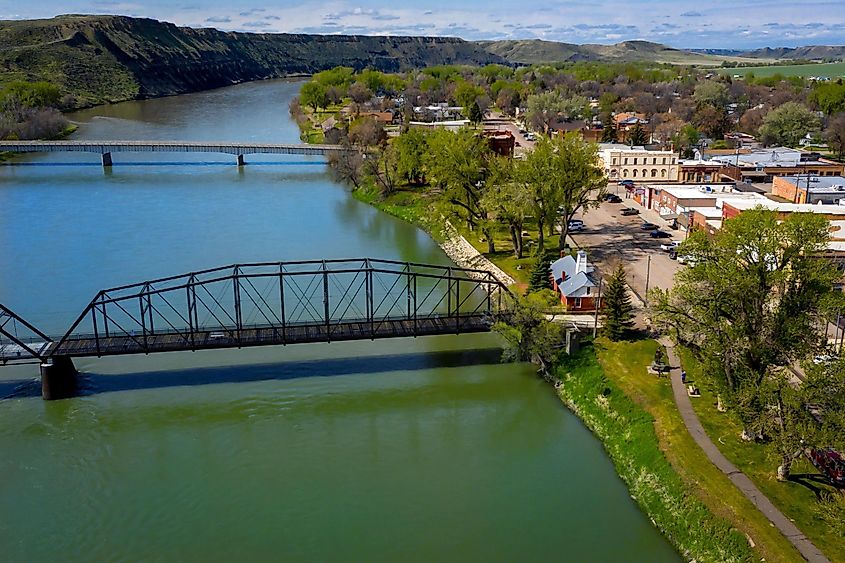 The historic Fort Benton town and Fort Benton Bridge in Montana