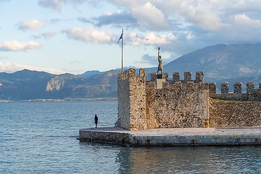 Fish farms in the midst of beautiful coastal scenes along the shores of the Gulf of Corinth, Greece