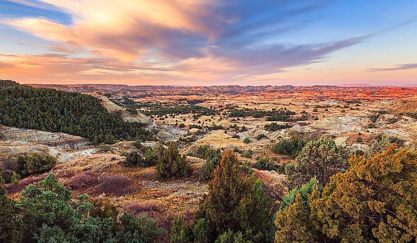 Sunrise over Theodore Roosevelt National Park. Image credit Zak Zeinert via Adobe Stock. 