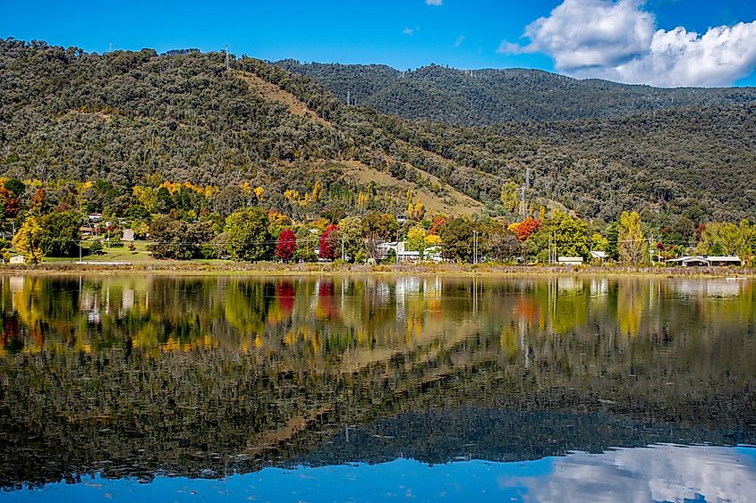 Beautiful pondage and reflections at Mount Beauty, Victoria, Australia. The Regulating Pondage is part of the Kiewa Hydroelectric Scheme. The town of Mount Beauty nestled at the foot of Mount Bogong. Daria Nipot via Shutterstock