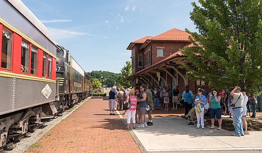 Tourists ready to board Tygart Flyer ready for trip into mountains of West Virginia by Durbin and Greenbrier Vallery Railroad