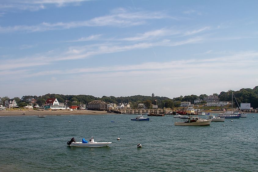 Fishing and lobster boats in Hull harbor on a sunny day