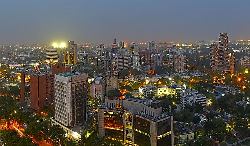 Panoramic Aerial Evening View with the lighting of Central New Delhi