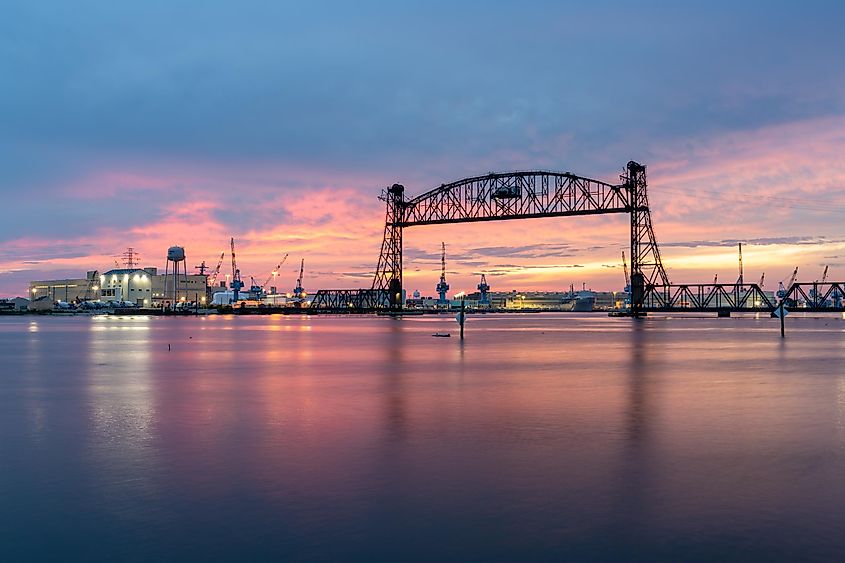 Vertical lift bridge for railroad over the Elizabeth River on the border of Norfolk and Chesapeake Virginia