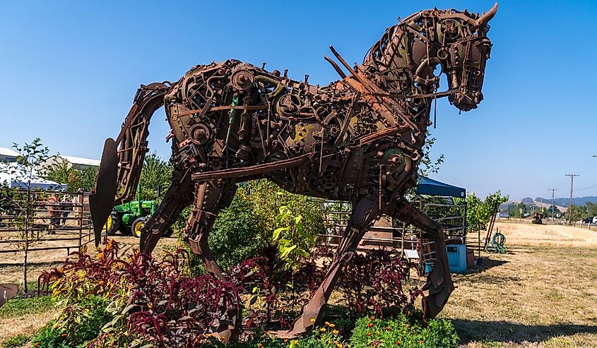 Iron Horse built out of recycled farming equipment parts in McMinnville.