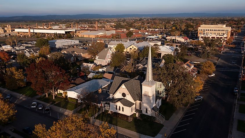 Sunset aerial view of the urban core of downtown Lincoln, California,