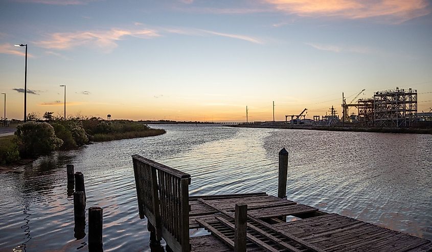 An aerial view of a seaport during sunset in Moss Point, Mississippi
