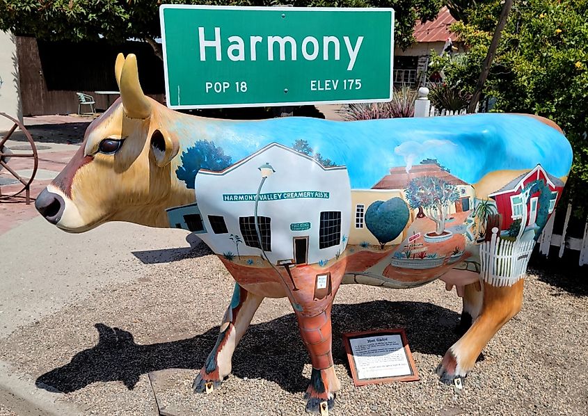 The painted cow sculpture, Gladys, is the official greeter for the tiny artisan town located on the Central Coast of California.