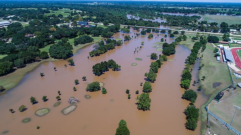 Colorado River crested during Hurricane Harvey flooding the surrounding river banks.