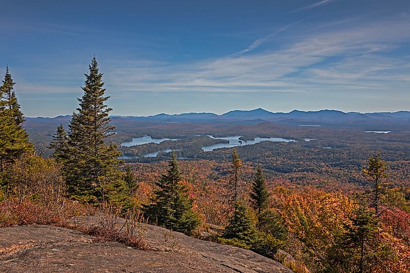 St. Regis Fire Tower views with peak fall foliage in daytime, Saranac Lake, Adirondack Mountains, Upstate NY