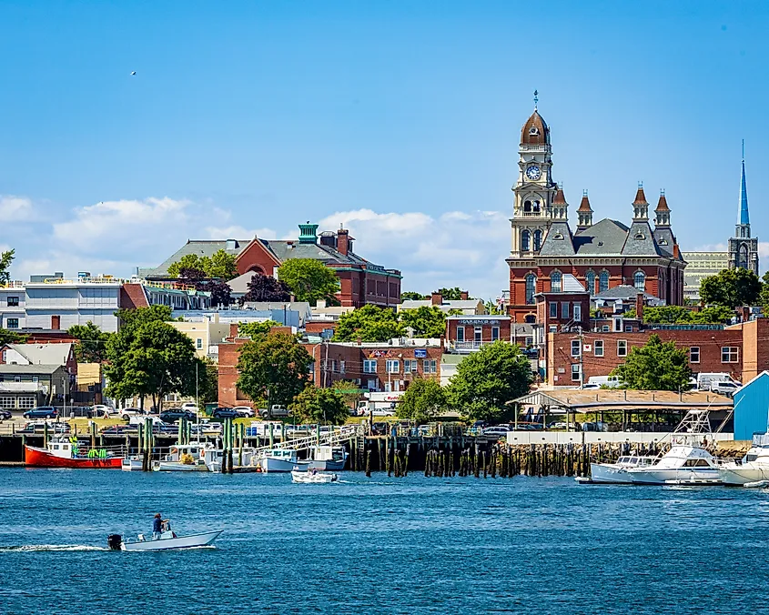 Massachusetts Gloucester Harbor and town hall.