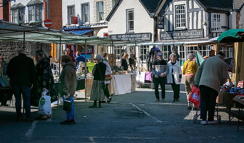 A street market amongst the bookshops in Hay on Wye in Wales
