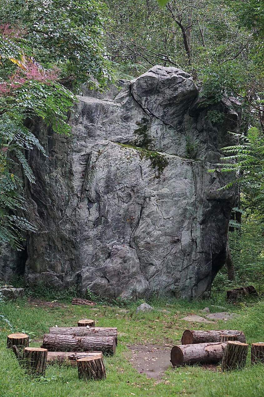 A gneiss glacial erratic in Rockefeller State Park Preserve, Westchester County, New York.