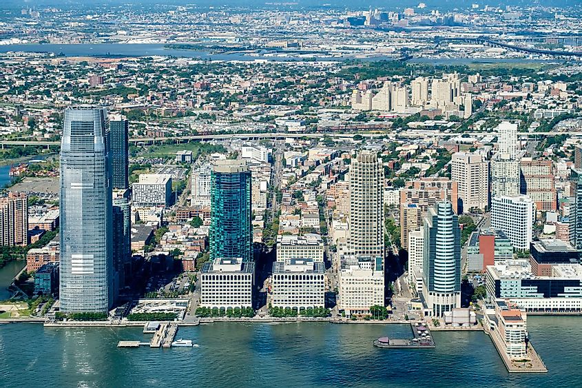 Aerial view of Jersey City in New Jersey on a beautiful summer day