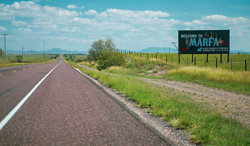 Welcome to Marfa sign near interstate highway