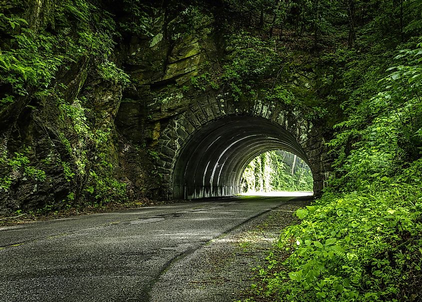 Smoky Mountain Road. Road winds through a tunnel on the Newfound Gap Road in the Great Smoky Mountains National Park.