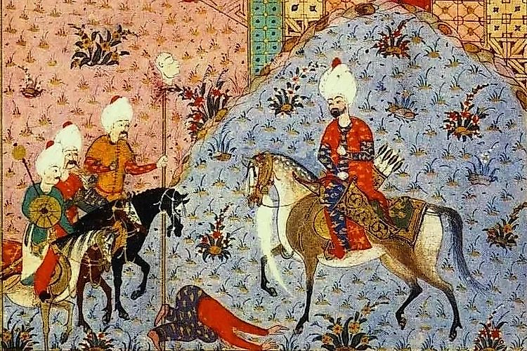 Sultan Orhan and the Executed Byzantine Prince after the Battle of Koyunhisar (detail), from the Şahname-i Al-i Osman of Arifi, volume IV, transcribed by Mirza Huy-i Şirazi, c. 1558 (Private Collection, fol. 76a) Credit: c.1558 Ottoman artist, Public domain, via Wikimedia Commons