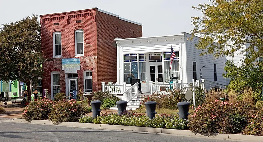 Shops on main street in coastal town Chincoteague, Virginia.