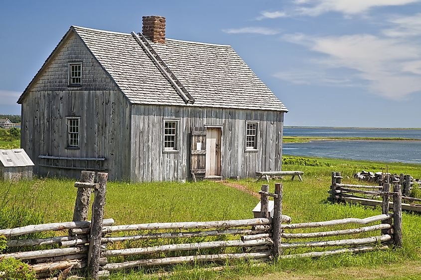 An example of an early pioneer homestead circa 1700 in rural Prince Edward Island, Canada. An early Acadian home originally known as the Doucette house.