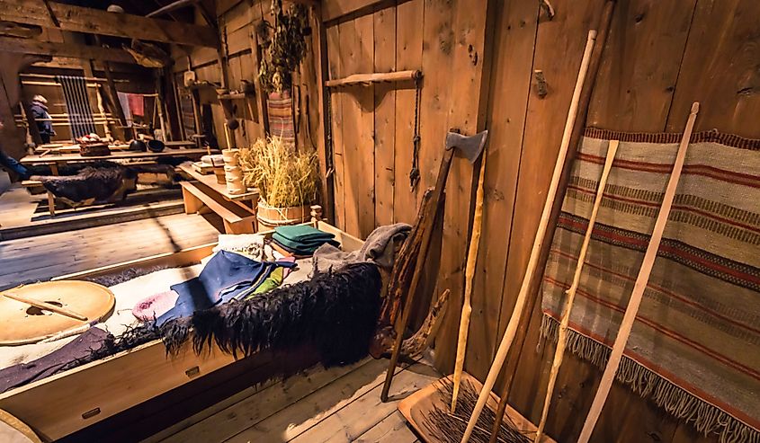 Viking weapons and artifacts Inside the Longhouse in the Lofotr Viking Museum at the town of Borg in the Lofoten Islands, Norway