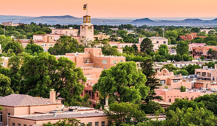 Santa Fe, New Mexico, downtown skyline at dusk.