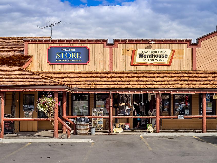 Facade of stores at the Old West Shopping Mall in Bragg Creek, Alberta.