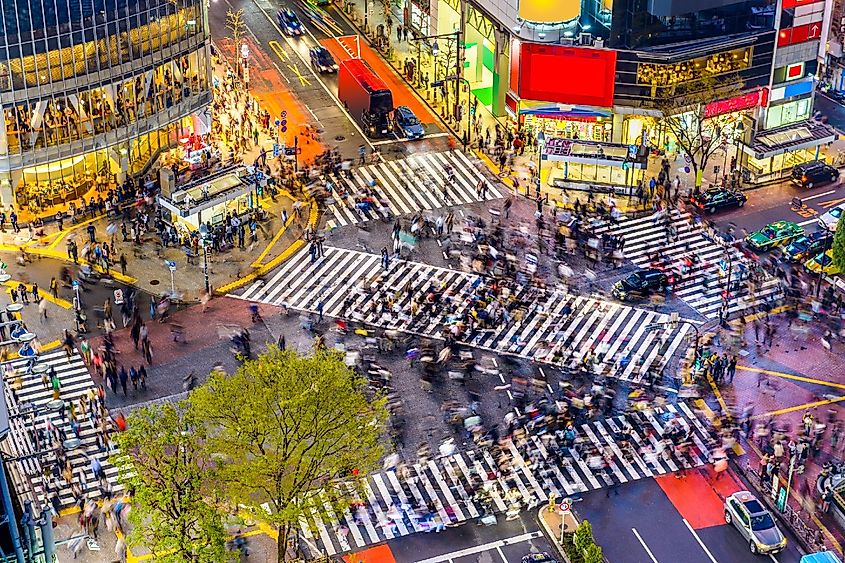 Tokyo, Japan view of Shibuya Crossing, one of the busiest crosswalks in the world.