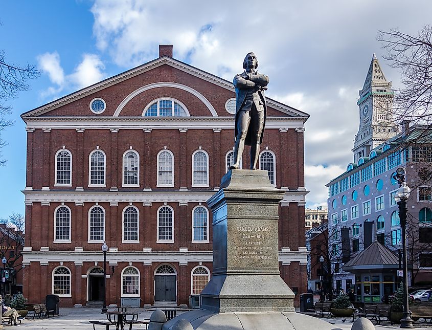 Faneuil Hall, the brick Georgian meeting hall in Boston, Massachusetts.