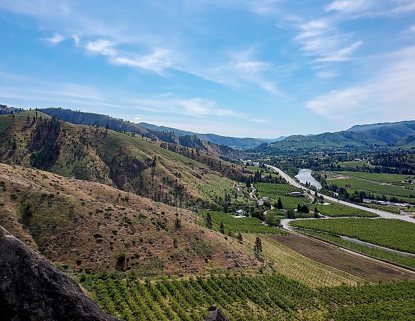 Ominous sandstone rock outcroppings in a desert like atmosphere at the Peshastin Pinnacles State Park in Chelan County Washington