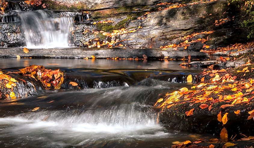 Multi-level waterfalls flow gently over rocks adorned with Autumn leaves at Raymondskill Falls near Milford, PA