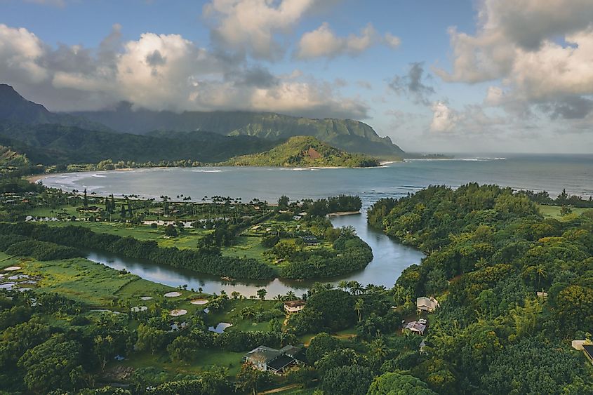 Aerial view of Hanalei Bay in Kauai, Hawaii