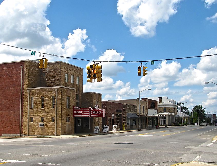 Buildings along South Main Street (U.S. Route 127) in Crossville, Tennessee. The Palace Theater is on the left