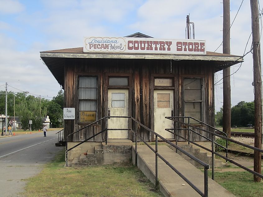 Louisiana Pecan Festival Country Store in Colfax, Louisiana, a small storefront decorated for the festival