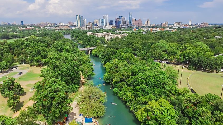 Panorama aerial view Downtown from Barton Creek in Greenbelt at Zilker Metropolitan Park