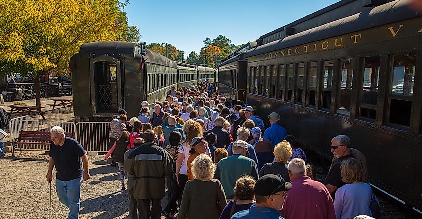 People preparing to board the historic train in Essex, Connecticut
