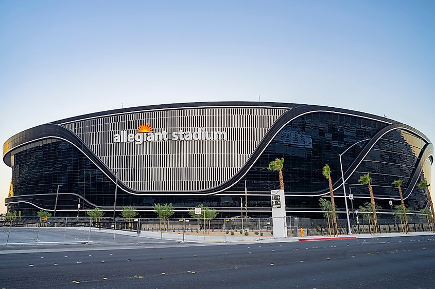 Sunset view of the finished Allegiant Stadium