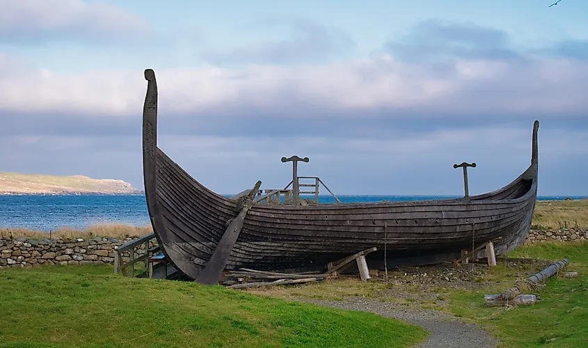 The Skidbladner - a full size replica of a Viking ship on show in Haroldswick on the island of Unst in Shetland, Scotland, UK.